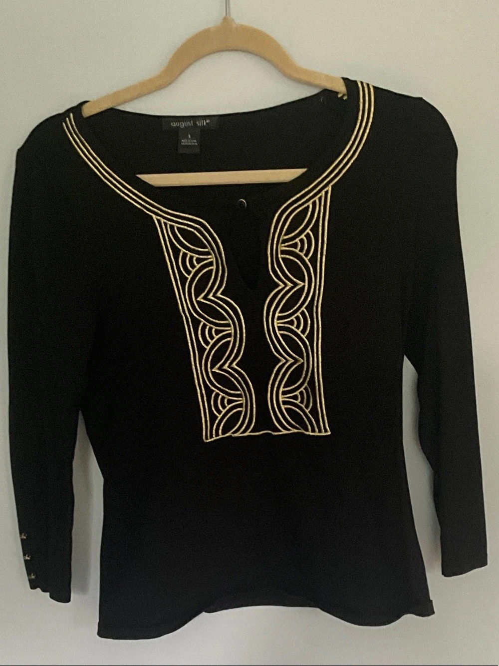 August Silk Embroidered Long Sleeve Top in Black & Gold Size Small